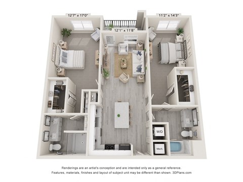 Floor plan for 2 beds, 2 baths, 1325 sqft